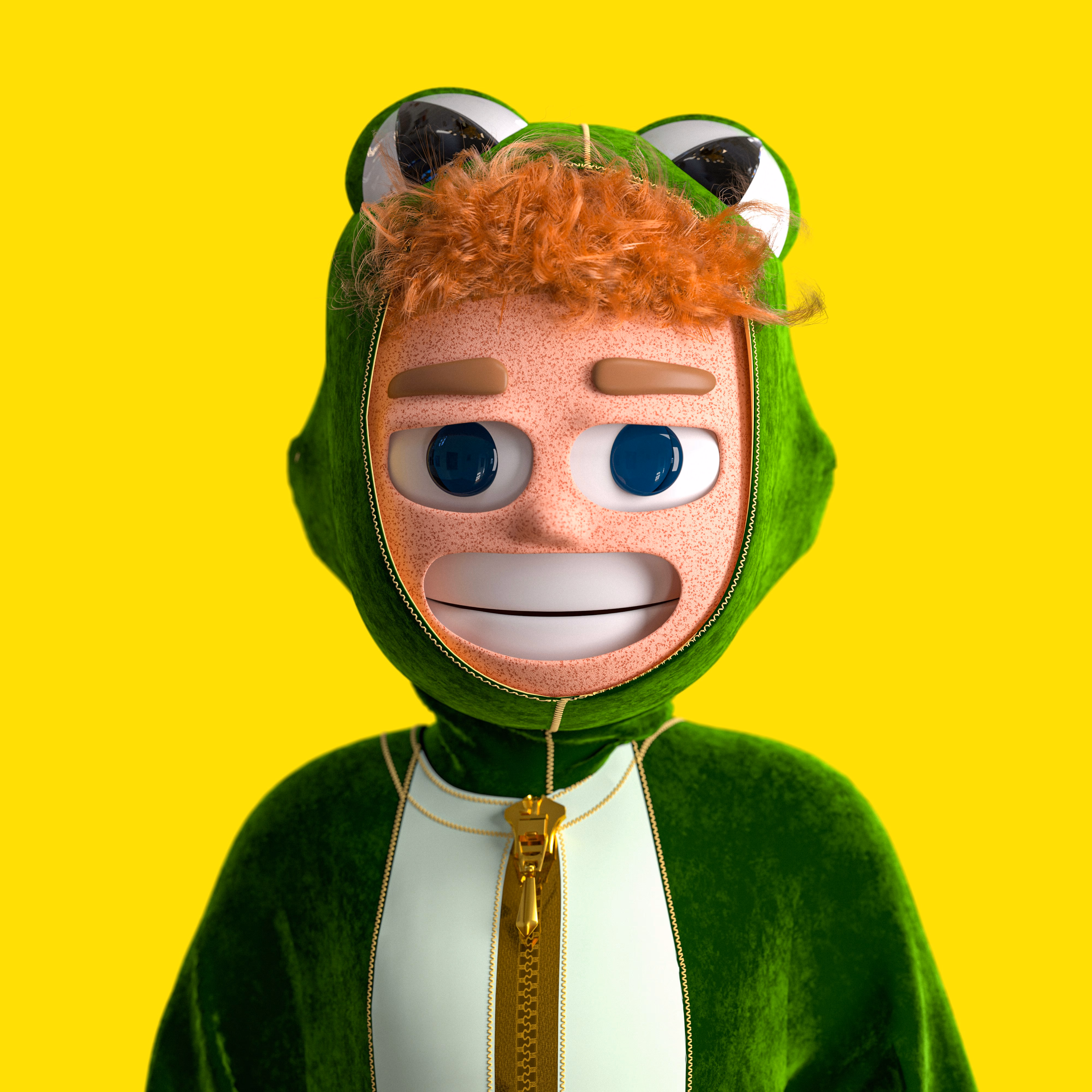 A person wearing a green frog costume